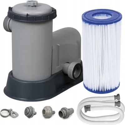 A pool filter pump and its accessories are displayed against a white background.