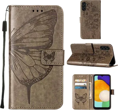 Produktbild von Galaxy A13 5G Hülle, Schmetterling Prägung Flip Leder Kartenfächer Schutzhülle Ledertasche mit Ständer für Samsung Galaxy A13 5G Grau