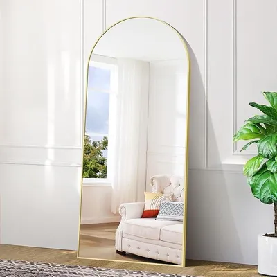Imagen del producto de Espejo de cuerpo entero de 179x65 cm, espejo de pie con forma de arco y marco de aluminio dorado. Espejo de pared grande y curvado, ideal para colocar de pie, apoyado o colgado en salones, dormitorios, pasillos o para maquillarse
