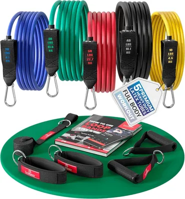 Produktbild von Widerstandsbänder Set, 5 elastische Bänder, mit Griffen und Türanker, für Krafttraining