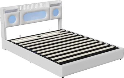 Obrázek produktu pro UnboxG Čalouněná postel 160x200 cm bílá zPolyuretankůže s úložným prostorem a plynovou pružinou – LED čelo s odkládací plochou, USB a Type-C připojením, manželská postel