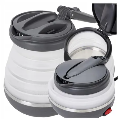 Two collapsible kettles are shown, one in the foreground and one in the background.