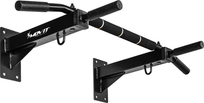 A black wall-mounted pull-up bar with padded grips, shown against a white background.