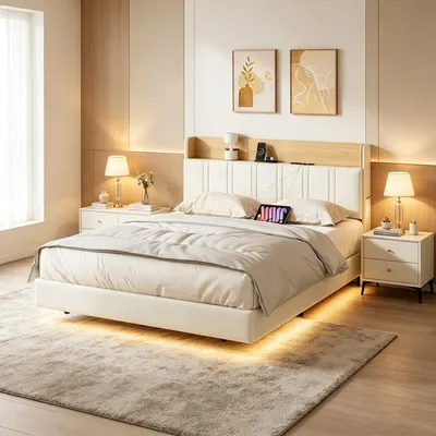 Immagine prodotto di Letto con rete a molle INONEFT, 140x200 cm, con LED e porta USB, letto imbottito con spazio contenitore, letto a due piazze per giovani con testiera, colore bianco, rivestito in PU.