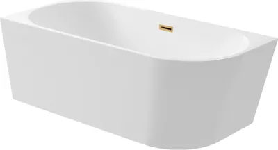 A white freestanding bathtub with a gold drain.