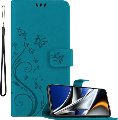 Produktbild von Cadorabo Hülle für Xiaomi Poco X4 Pro Hülle in FLORAL BLAU Schutzhülle im Blumen Design mit Magnetverschluss, Standfunktion und Kartenfächern Book Case Cover