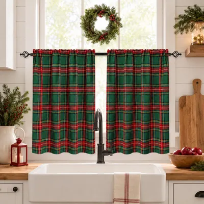 Produktbild von 2er Set Scheibengardinen Weihnachten Tartan Bistrogardinen Kurzgardinen Vorhänge Stangendurchzug Gardinen, Grün, B62xH94cm