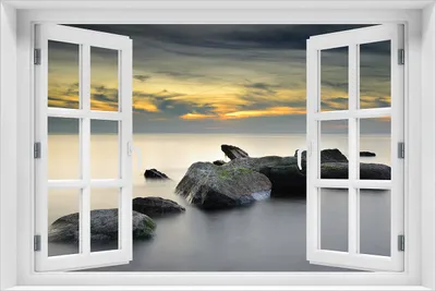Produktbild von Wallario Poster mit Fenster-Illusion: Mystische Felsen im Meer, Größe: 61 x 91,5 cm (Maxiposter)