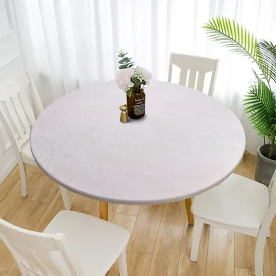 Image de Nappe ronde en vinyle avec bord élastique, imperméable et essuyable（120cm，Blanc）