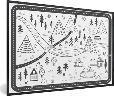 Produktbild von MuchoWow® Gerahmtes Poster Zeichnung - Berge - Kinder - Illustration 90x60 cm - Poster mit Schwarzem Bilderrahmen Wandposter Rahmen Foto Bilder - Fotorahmen - Foto-Plakat