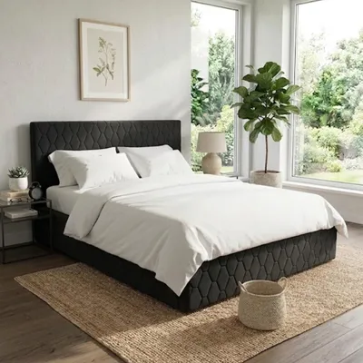 Produktbild von Komvortowy | Polsterbett 140x200 Cm | WABENMUSTER | Doppelbett Mit Metall-Lattenrost & Gasdruckfeder | SCHWARZ | Bettkasten Ohne Bodenplatte | Stauraumbett | Hochklappbar