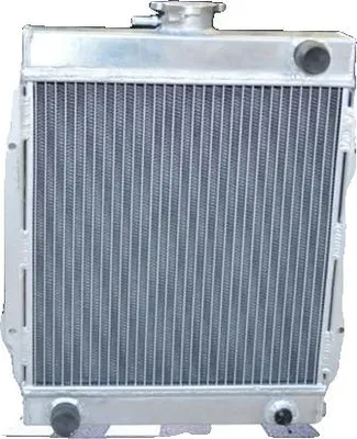 Image de Radiateur en aluminium, dimensions du noyau 330 mm × 330 mm × 56 mm, dimensions totales 380 mm × 440 mm × 80 mm, diamètre d'entrée/sortie 28 mm, compatibilité Datsun 1200 B110 A12 / A12T, boîte manuelle