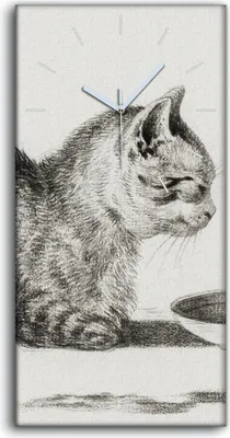 Produktbild von Wanduhr Uhr Wandbild Leinwand Geräuschlos 30x60 Zeichnung Tier Katze Kunst - weiße Hände