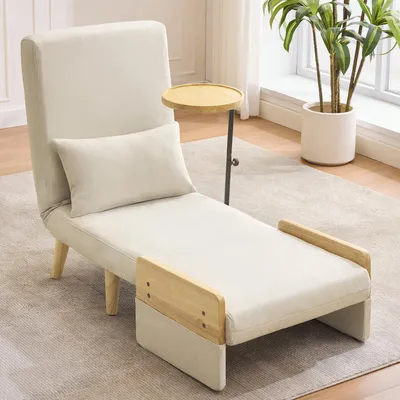 Produktbild von Merax Sessel, 3-in-1 Umbausessel mit Schlaffunktion, 6-fach verstellbar, Holztablett, Lordosenstütze & Kissen, Leinen, Beige