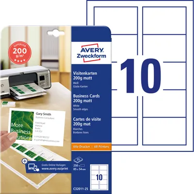 Produktbild von Avery Zweckform C32011-25, Superior Visitenkarten, 85 x 54 mm, einseitig beschichtet, 250 Karten / 25 Bögen