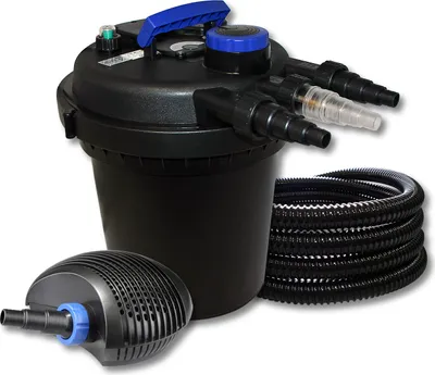 Immagine prodotto di Set completo SunSun: filtro a pressione per laghetti CPF-250 fino a 10000 L con chiarificatore per laghetti da 11W, pompa per laghetti CTF-6000 SuperECO 6000l/h 40W, tubo per laghetti da 25m 25 mm (1")