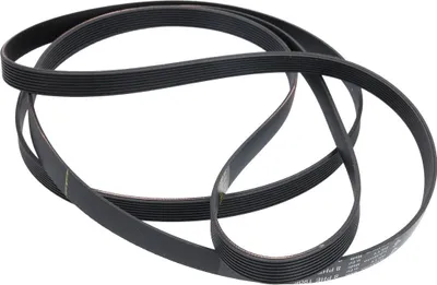 A black ribbed belt is coiled on a white background.