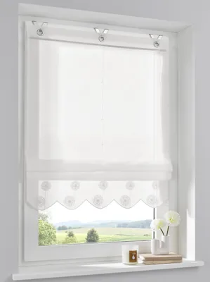 Produktbild von Elly Raffrollo mit besticktem Volant halbtransparent Ösenrollo mit Hakenaufhängung ohne Bohren Breite 60 cm x Höhe 130 cm