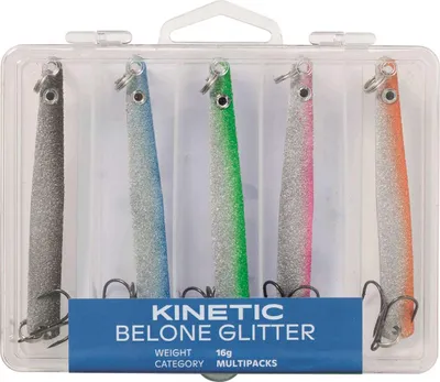 Produktbild von Kinetic Belone Glitter Meerforellen-Blinker Angelset - 5 Meerforellenköder 16g mit Box