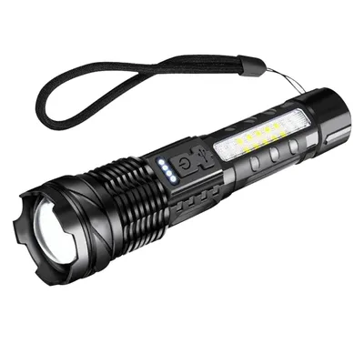 Produktbild von LED Taschenlampe wiederaufladbar USB-C, 7 Modi, superhell 30W, IPX4 wasserdicht, Zoom, Warnlicht rot/blau, kompakt für Camping & Outdoor