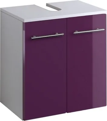 A bathroom vanity cabinet with two doors and a cutout for a sink.