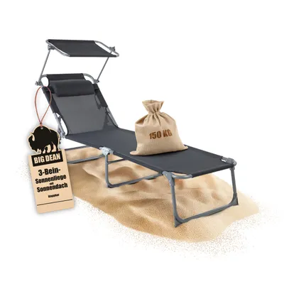 Produktbild von BigDean Sonnenliege klappbar mit Kopfkissen & Dach extra hoch dunkelgrau 150 kg belastbar - hochwertige Gartenliege für Balkon, Garten & Strand