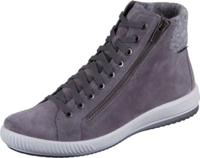 A single gray high-top sneaker with a zipper and laces, shown from a side angle against a white background.