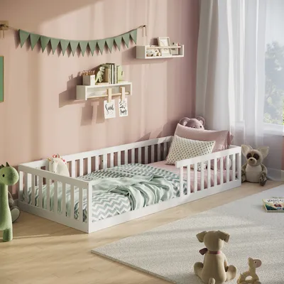 Produktbild von Bodenbett Bett mit Rausfallschutz & Lattenrost Montessori Bett Kinder Jugendbett Einzelbett optional mit Matratze | weiß Kiefer 90x200 cm