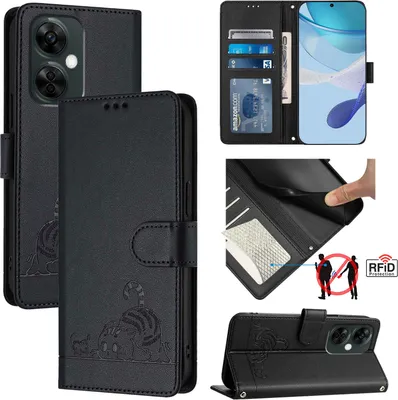 Produktbild von Leder Hülle für OnePlus Nord CE3 Lite / Nord N30 Süße Katze Flip Case Brieftasche Schutzhülle mit Standfunktion Schwarz