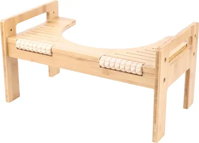 A wooden toilet stool with rollers on the sides, shown against a white background.