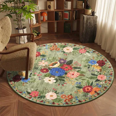 Obrázek produktu pro Kulatý koberec s vintage květinovým vzorem v bohémském stylu, průměr 120 cm, omyvatelný a s protiskluzovou úpravou