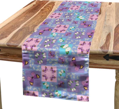 Produktbild von ABAKUHAUS Schmetterling Tischläufer, Magisches Frühjahr-Thema-lebhafte farbige aufwändige Zahlen in den Quadraten mit Blättern, 40 x 180 cm, Mehrfarbig