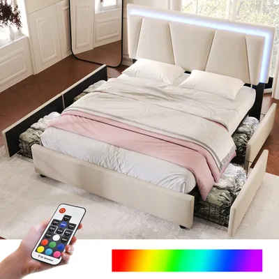 Zdjęcie produktu dla Łóżko tapicerowane 140x200 cm, kolor beżowy, wykonane z lnu, z oświetleniem LED i 4 szufladami, idealne do sypialni
