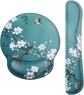 Obrázek produktu pro Uniqoos® Ergonomická podložka pod myš 2 v 1 s gelovým polštářkem a opěrkou zápěstí pro klávesnici, květinový vzor, paměťová pěna a gel, protiskluzová, rozměry: myš 22×25 cm / klávesnice 44×8 cm