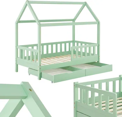 A mint green children's house bed with drawers underneath, shown against a white background.