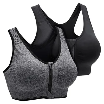 Produktbild von Sport Bustier 2 Stück, Frontreißverschluss Sport BH ohne Bügel mit gekreuzten Rückenträgern, herausnehmbaren Polstern für Fitness Yoga Laufen und Training