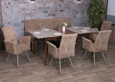 Produktbild von Esszimmer-Set MCW-G55, 4er-Set Stuhl mit Armlehne+Sitzbank 180cm, Edelstahl gebürstet Stoff/Textil Chenille  braun