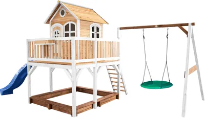 Produktbild von AXI Spielhaus Liam mit Sandkasten, Nestschaukel & blauer Rutsche | Stelzenhaus XXL in Braun & Weiß aus Holz für Kinder | Spielturm mit Wellenrutsche & Schaukel für den Garten