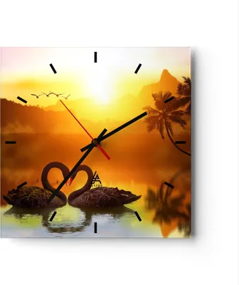 Produktbild von Wanduhr - Quadrat - Glasuhr - Schwan Wasser Paar - 40x40cm - Schleichendes Uhrwerk - Lautlos - zum Aufhängen bereit - Dekoration Modern - Wanddekoration aus Glas - C3AC40x40-3855