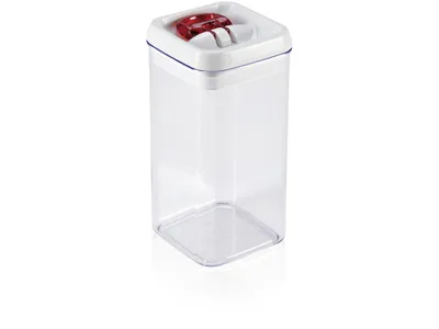 A clear, studio shot of a square, clear plastic food storage container with a white lid and a red locking mechanism.
