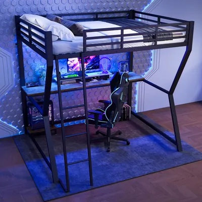 Obrázek produktu pro okwish Patrová postel s LED osvětlením 140*200cm, rám postele se stolem a zásuvkou + USB, mládežnická postel se schody a zábradlím, Manželská postel s konzolovým odkládacím prostorem, bez matrace, černá