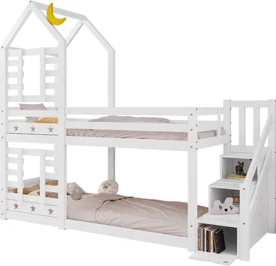 Produktbild von Kinderbett Baumhaus mit Schublade und Rausfallschutz 90 x 200 cm, Hochbett für Kinder– 2x Lattenrost- Weiß