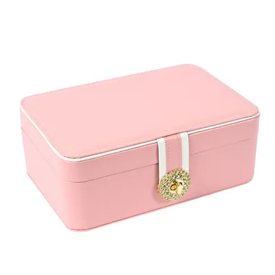Produktbild von Exklusiver Schmuckkasten mit 2 Ebenen, Kunstleder, Handgriff & Abnehmbarer Platte, Rosa - Perfekt für Halsketten, Armbänder, Ringe & Uhren