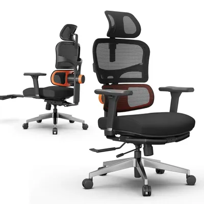 Imagen del producto de Silla de oficina ergonómica - Modelo NT002. Silla giratoria con soporte lumbar adaptable, reposapiés, respaldo ajustable en 4 posiciones, reposacabezas y reposabrazos ajustables. Color: negro