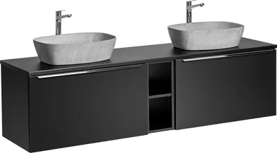 Zdjęcie produktu dla Zestaw Łazienkowy 180 Cm Czarny Mat Z 2 Szarymi Umywalkami Nablatowymi