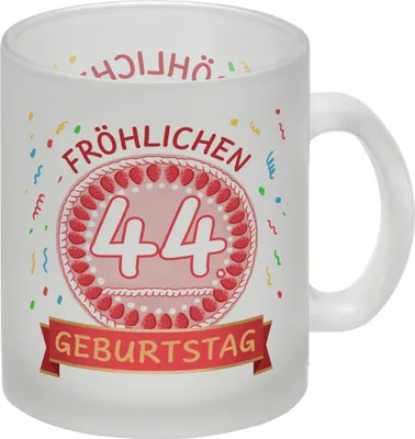 Produktbild von Witziger Glas Tasse für den 44. Geburtstag mit Motiv: Torte