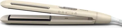 A close-up, studio shot of a beige and silver Philips hair straightener against a white background.