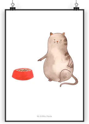 Produktbild von Mr. & Mrs. Panda Bild Katze Fressen DIN A3 - Weiß - Geschenk, wanddeko, Plakat, Kunstdruck, drucke, Wandbild