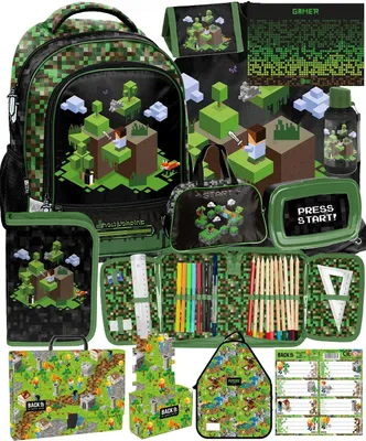 Obrázek produktu pro 12dílná školní taška MINECRAFT. Ergonomický batoh, školní batoh, batoh s motivem hry, určený pro chlapce. Sada pro školáky: školní batoh, pouzdro, sportovní taška
