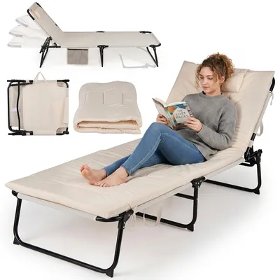 Produktbild von COSTWAY Sonnenliege klappbar, Liegestuhl mit Auflage, Seitentasche, Kopfstütze & verstellbarer Rückenlehne, Gartenliege Gästebett Campingbett Beige